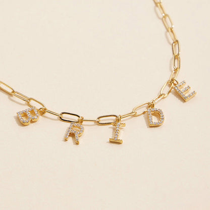 Semi Fine Collection - 18K Gold Dipped Brass Metal Stone Paved BRIDE Monogram Charm Paperclip Chain Necklace
