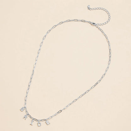 Semi Fine Collection - 18K Gold Dipped Brass Metal Stone Paved BRIDE Monogram Charm Paperclip Chain Necklace