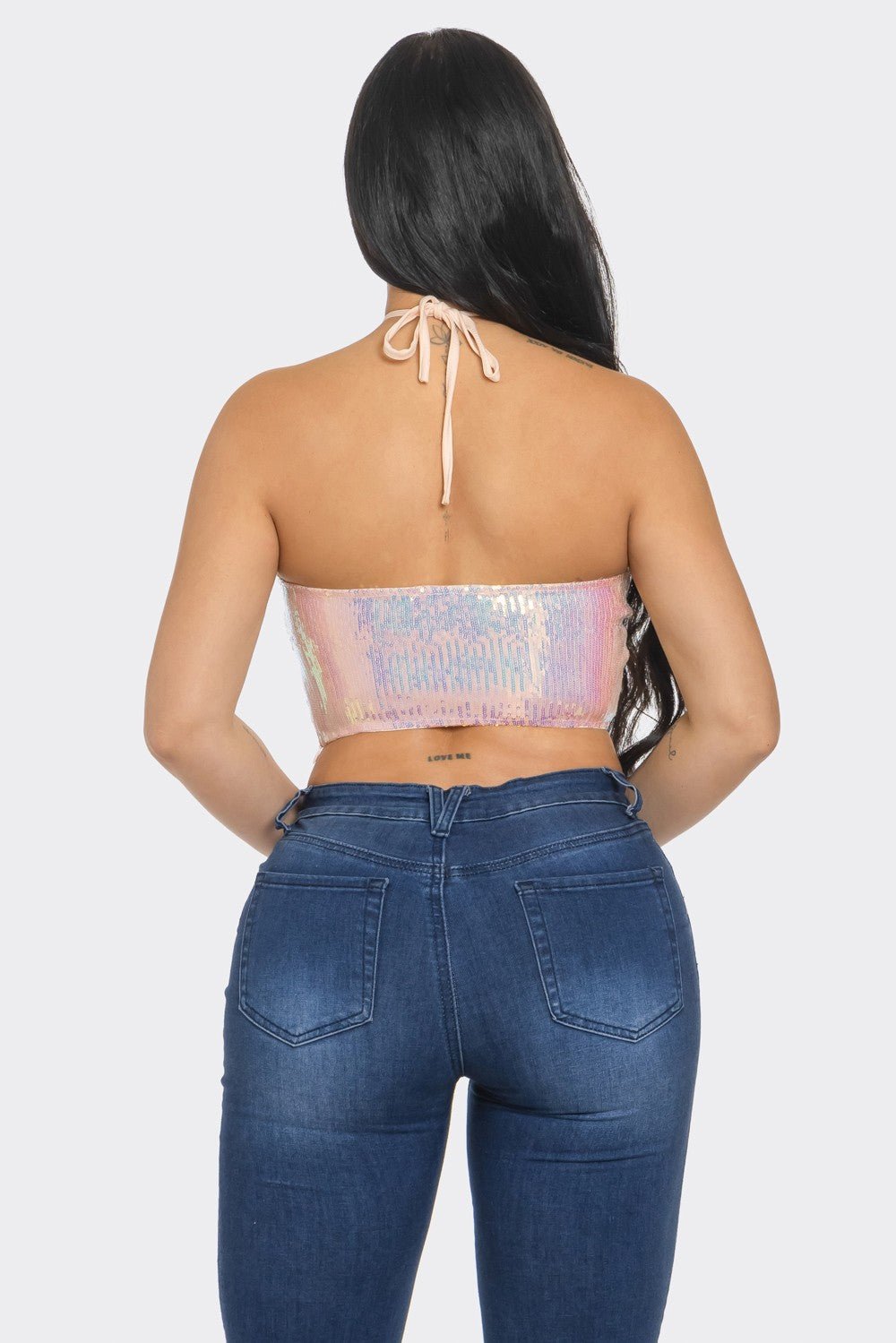 SHAY SEQUIN PINK IRIDESCENT CRISSCROSS STRING HALTER TOP