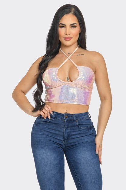 SHAY SEQUIN PINK IRIDESCENT CRISSCROSS STRING HALTER TOP