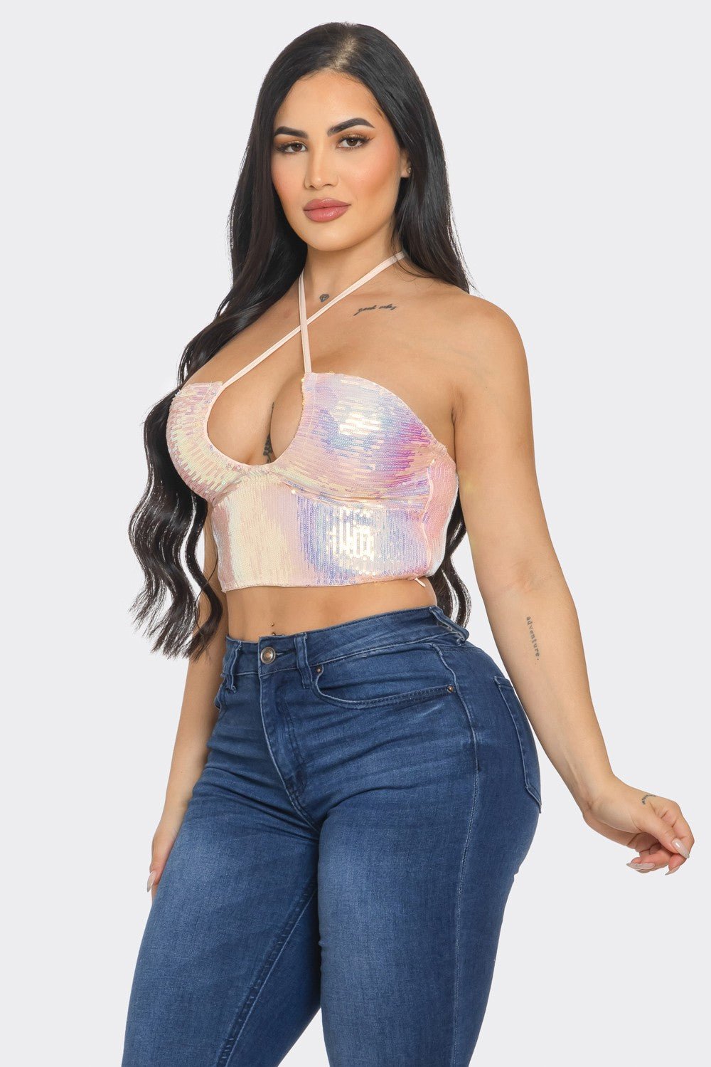 SHAY SEQUIN PINK IRIDESCENT CRISSCROSS STRING HALTER TOP
