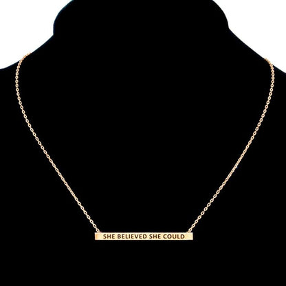 “She Believed She Could” Horizontal Metal Bar Pendant Gold Dipped Necklace
