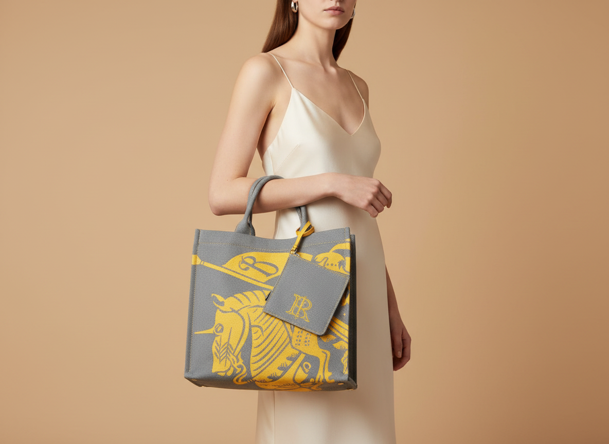 Burberry EKD Canvas Tote Bag With Coin Pouch — held by model in studio