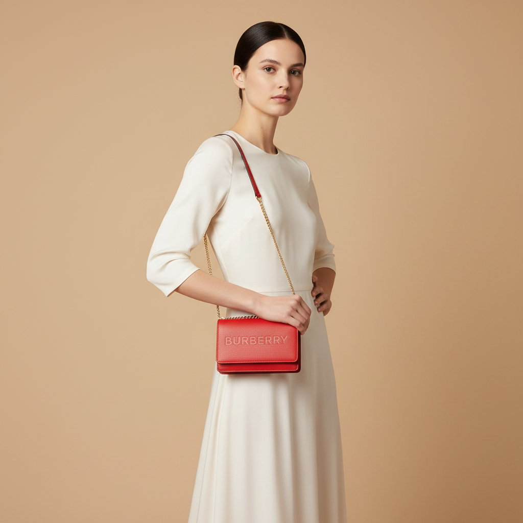 Burberry Hampshire Small Red Embossed Logo Smooth Leather Crossbody Bag — held by model in studio