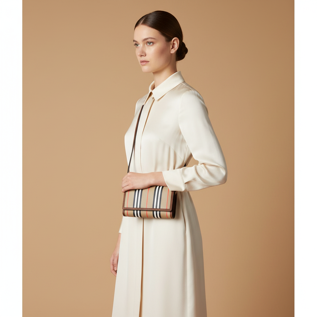Burberry Hannah Icon Stripe Archive Tan E-Canvas Leather Wallet Crossbody Bag — held by model in studio