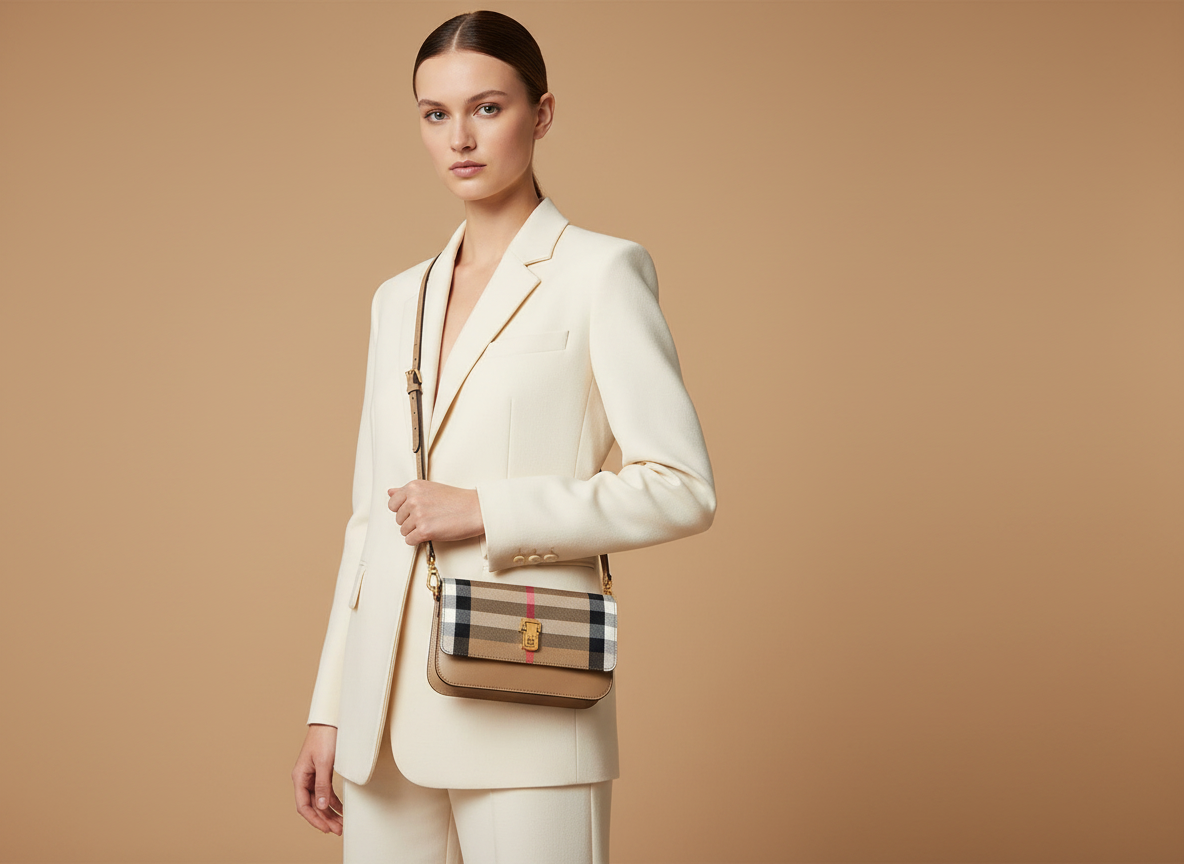 Burberry Madison Small Crossbody in Chestnut House Check — held by model in studio