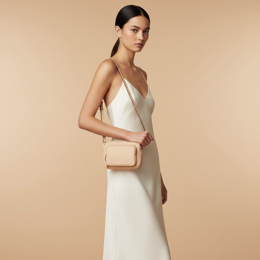 Burberry Small Branded Peach Pink Grainy Leather Camera Crossbody Bag — held by model in studio