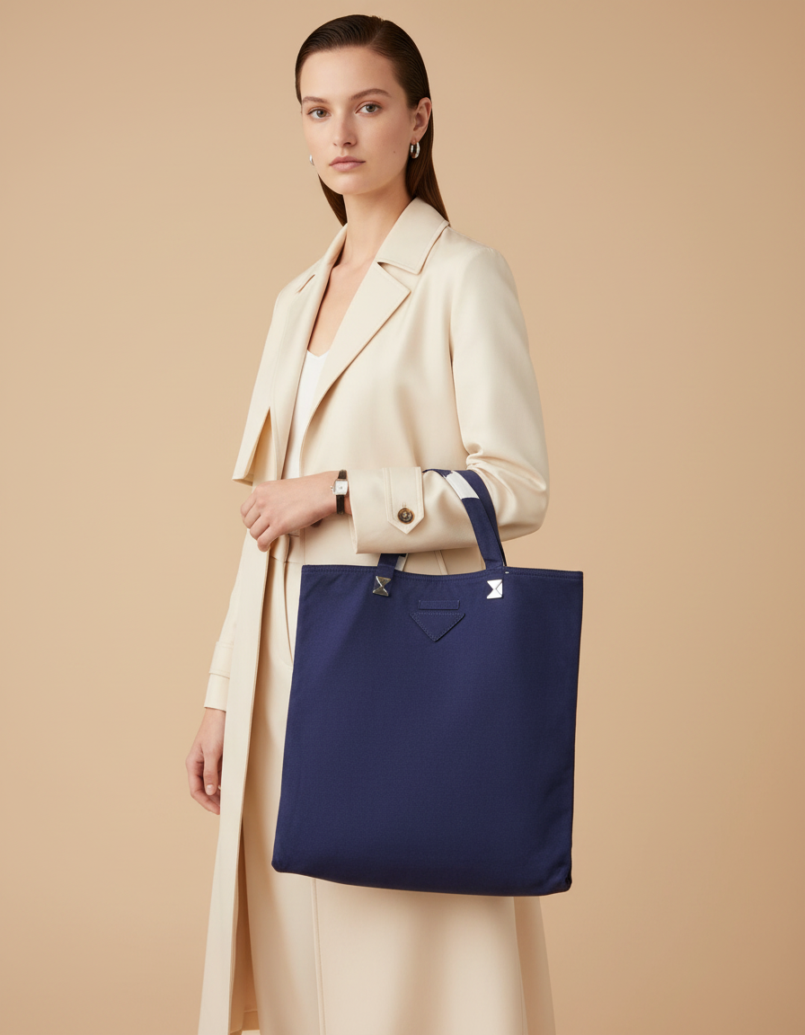 Prada Blue Canvas Shopping Tote Bag — held by model in studio