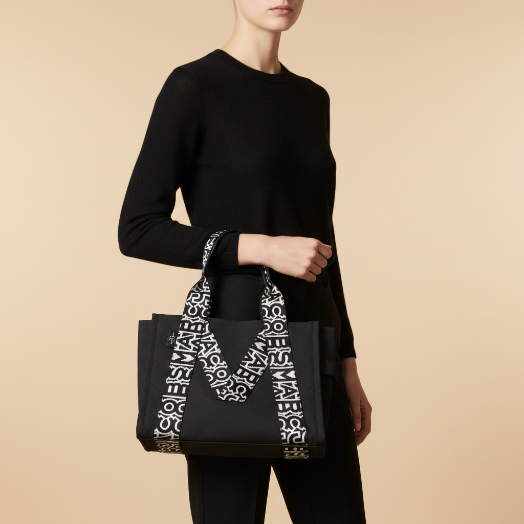 Marc Jacobs The Tote Bag Black Fabric Shoulder Bag — held by model in studio
