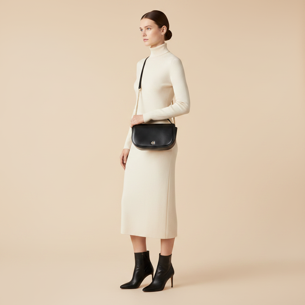Tory Burch Kira Black Leather Shoulder Bag — held by model in studio