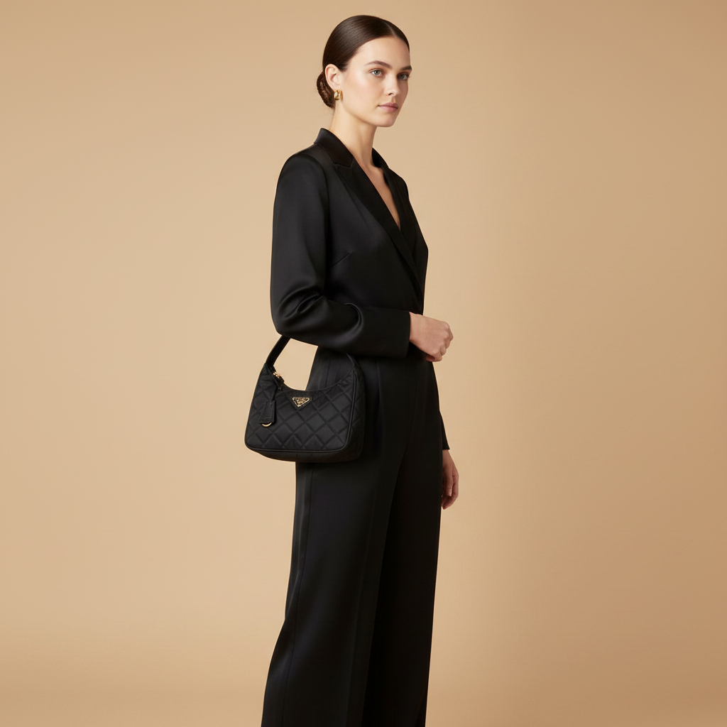Prada Re-Nylon Black Quilted Shoulder Bag — held by model in studio