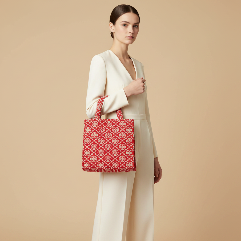 Tory Burch Red Cotton-Like Shoulder Bag — held by model in studio