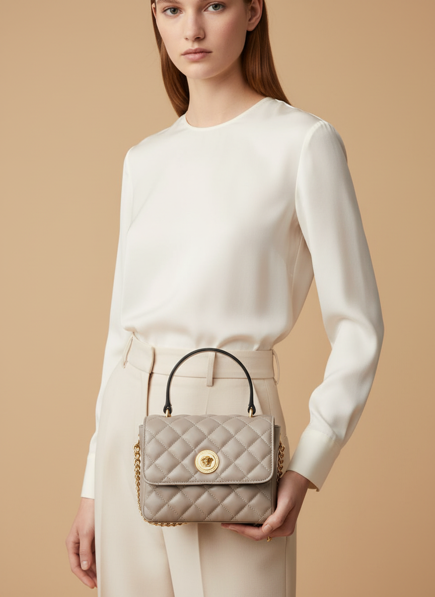 Versace Medusa Quilted Leather Top Handle Bag — held by model in studio