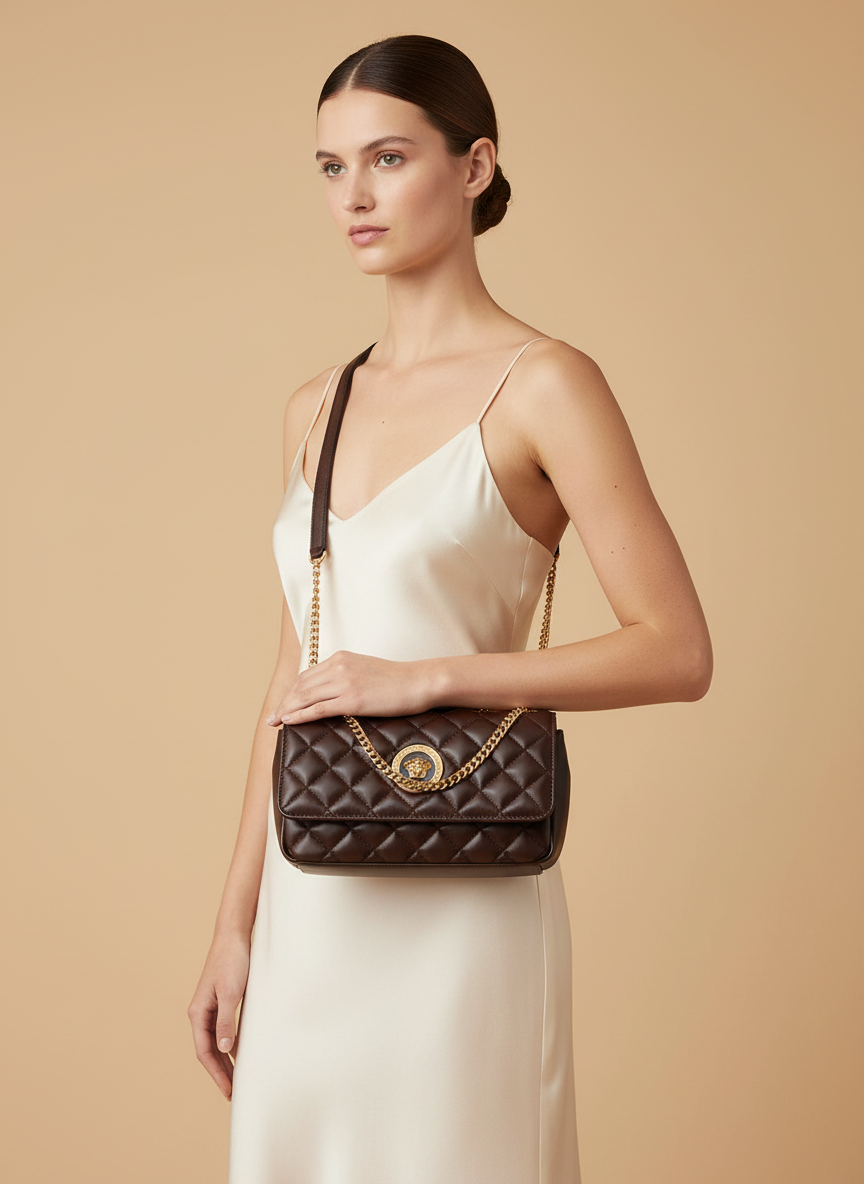Versace Medusa Quilted Leather Chain Shoulder Bag Brown — held by model in studio