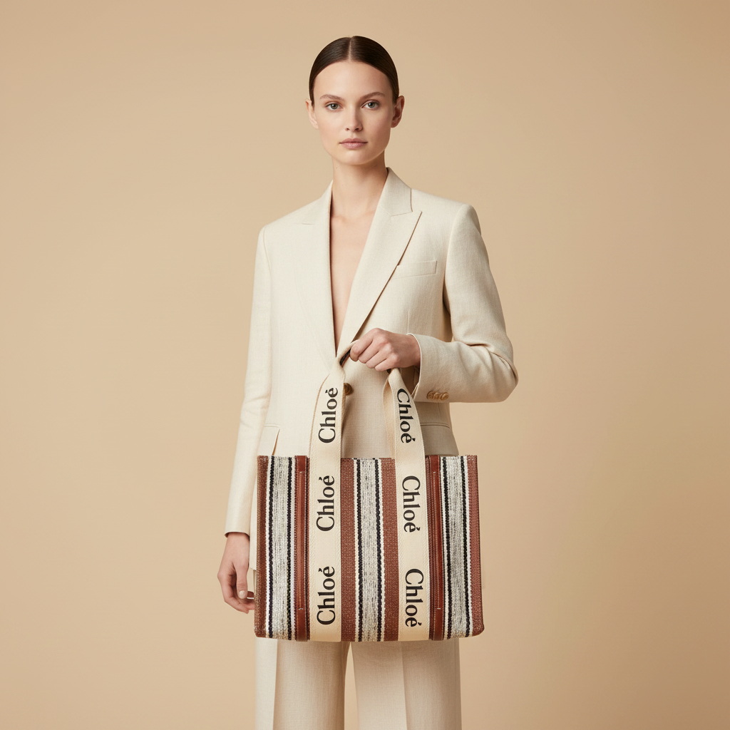 Chloé Woody Medium Brown Linen Tote Bag — held by model in studio