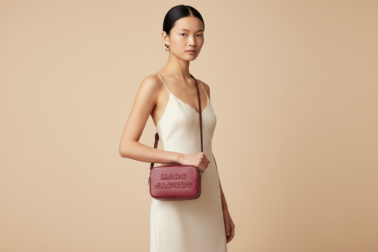 Marc Jacobs The Flash Pomegranate Leather Camera Bag — held by model in studio