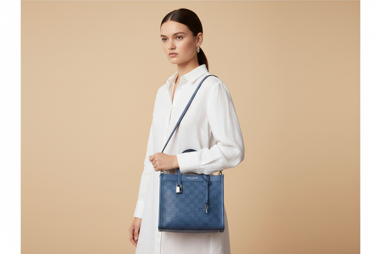 Marc Jacobs The Mini Grind Blue Sea Perforated Leather Crossbody Tote — held by model in studio