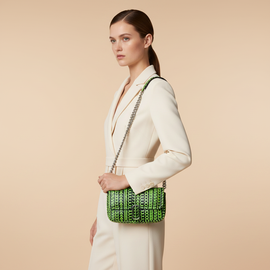 Marc Jacobs The J Marc Mini Shoulder Bag Neon Green Leather — held by model in studio