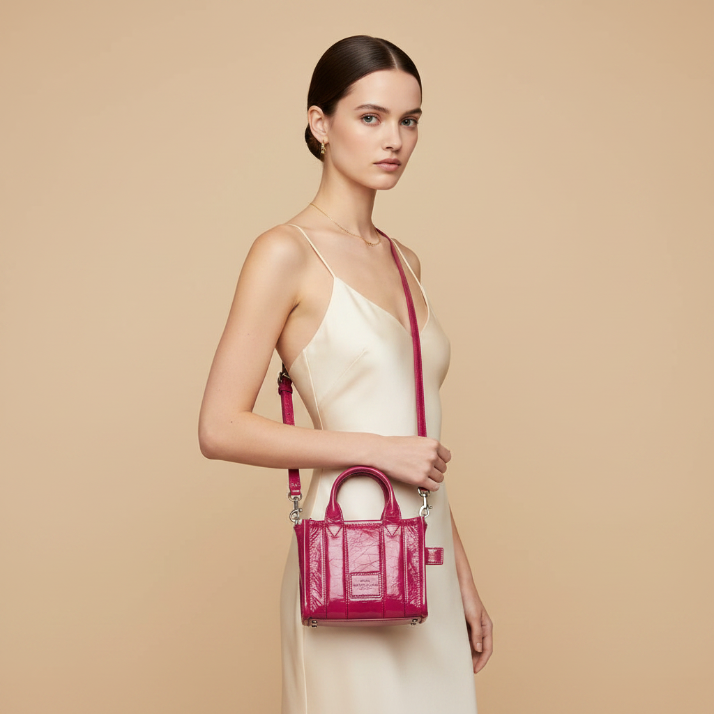 Marc Jacobs The Shiny Crinkle Micro Tote Magenta Patent Leather Crossbody Bag — held by model in studio