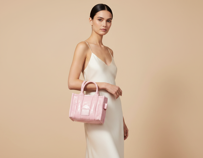 Marc Jacobs The Shiny Crinkle Micro Tote Bubblegum Leather — held by model in studio