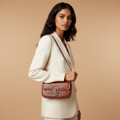 Marc Jacobs The Mini Shoulder Bag Spice Brown Embossed Leather Shoulder Bag — held by model in studio