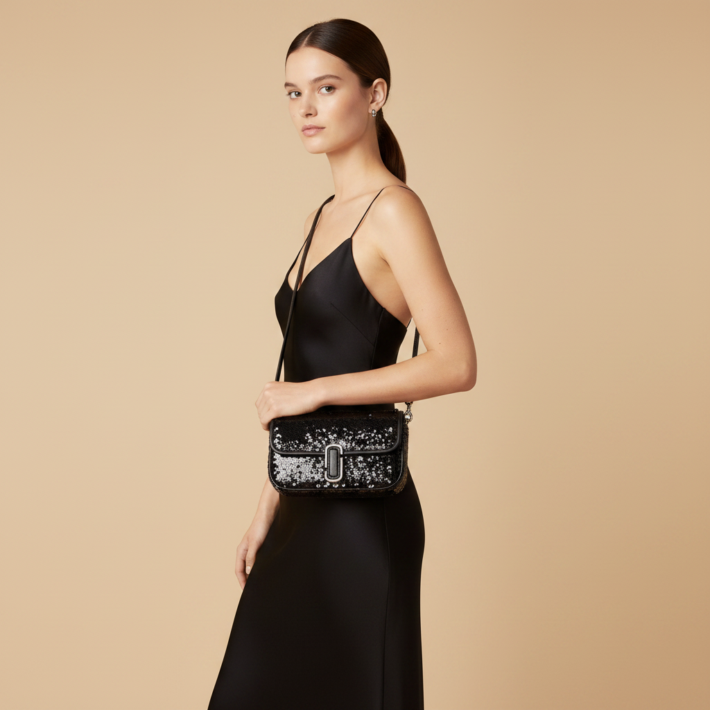 Marc Jacobs The Mini J Marc Black Sequined Leather Shoulder Bag — held by model in studio