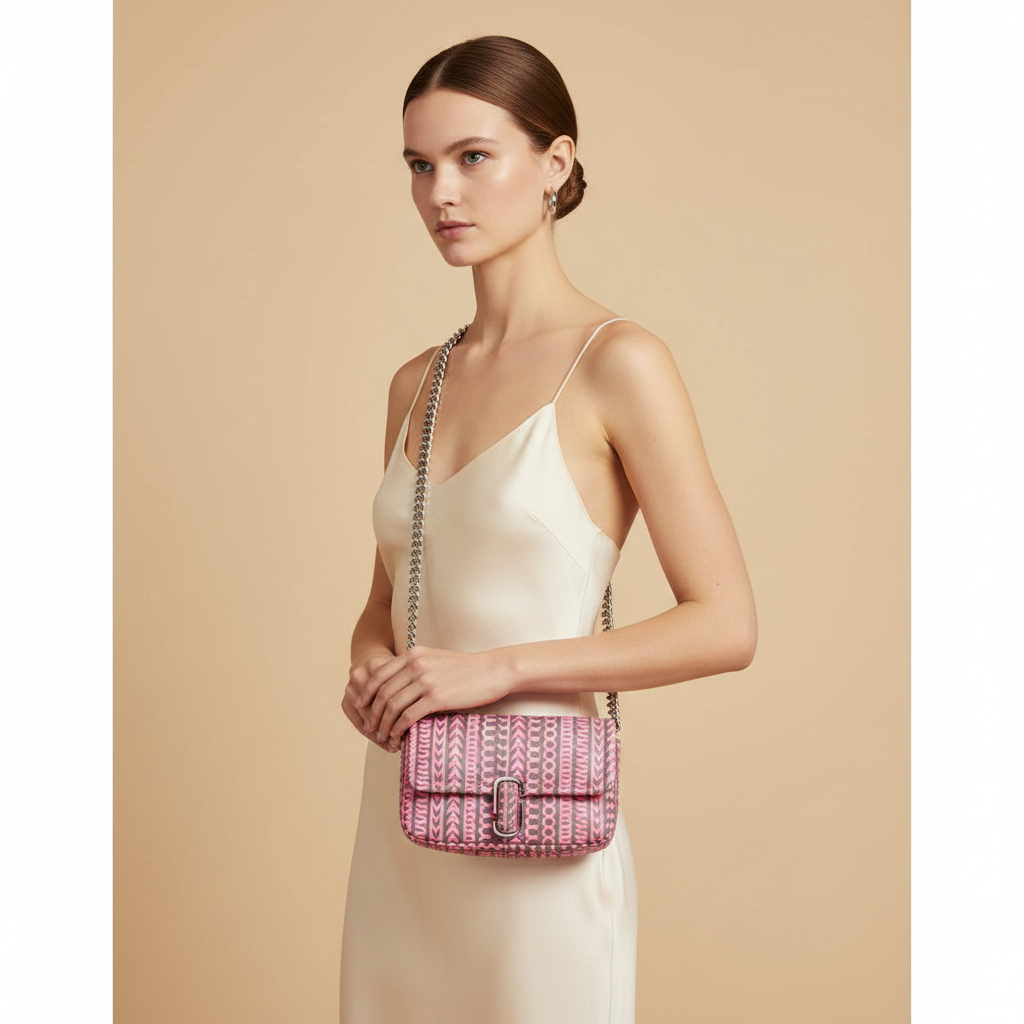 Marc Jacobs The J Marc Mini Shoulder Bag Neon Pink Leather — held by model in studio