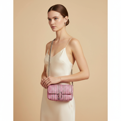 Marc Jacobs The J Marc Mini Shoulder Bag Neon Pink Leather — held by model in studio