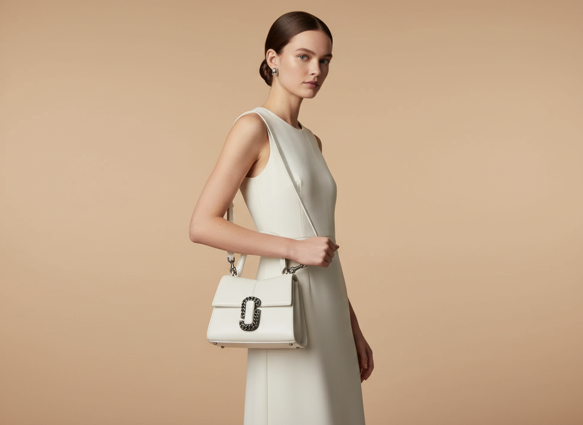 Marc Jacobs The St. Marc Mini White Leather Top Handle Satchel — held by model in studio