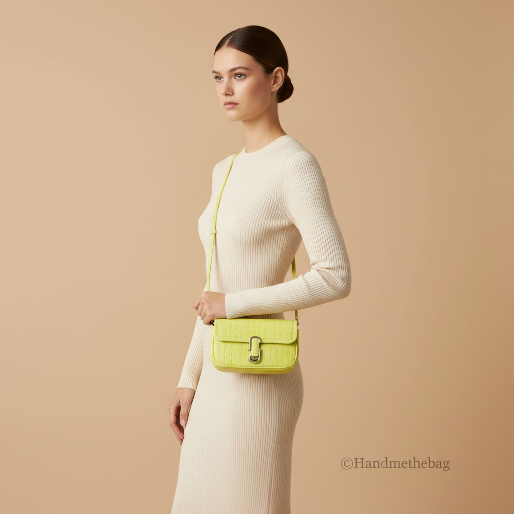 Marc Jacobs The Mini Shoulder Bag Yellow Embossed Leather — held by model in studio