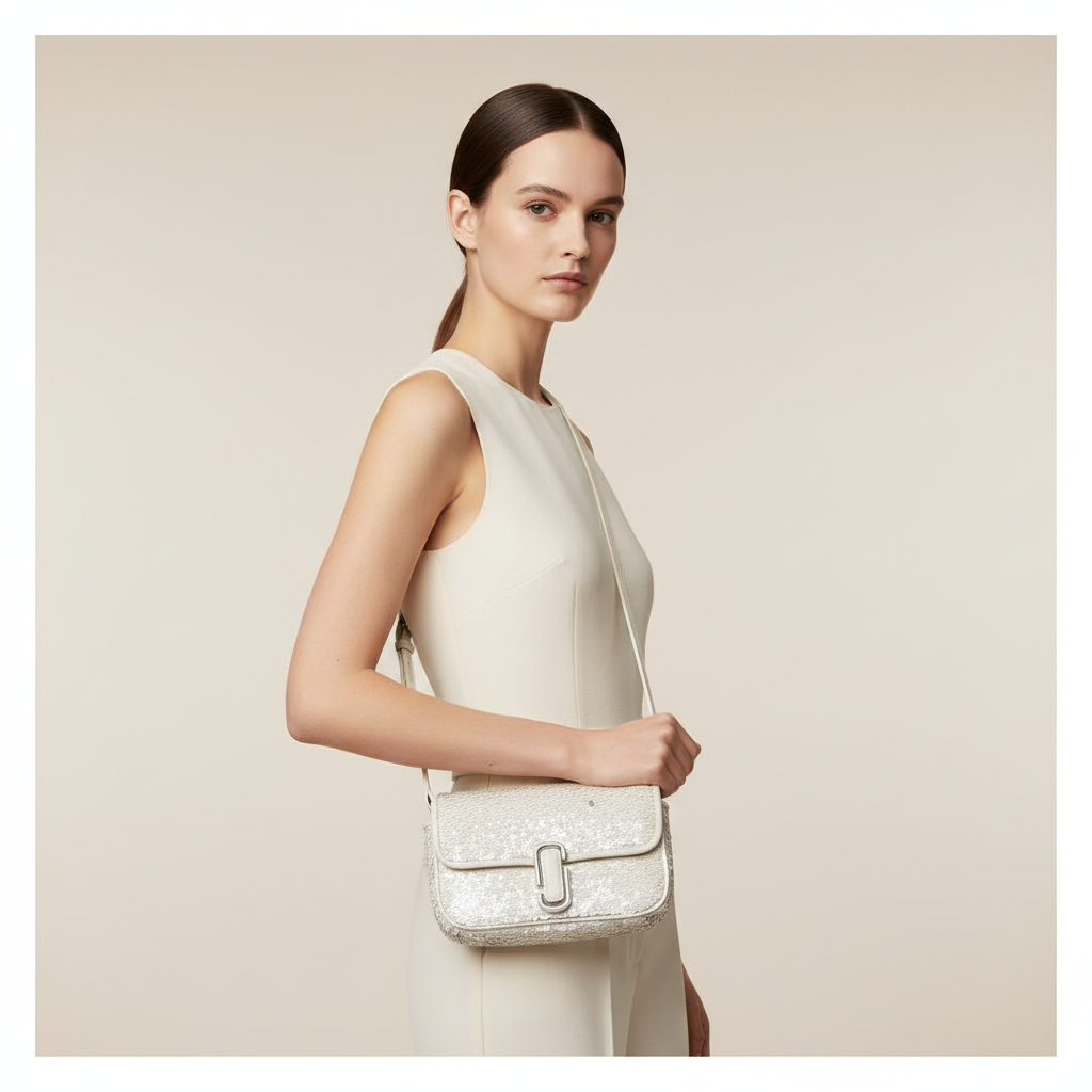 Marc Jacobs The Mini J Marc Cream Sequined Leather Shoulder Bag — held by model in studio