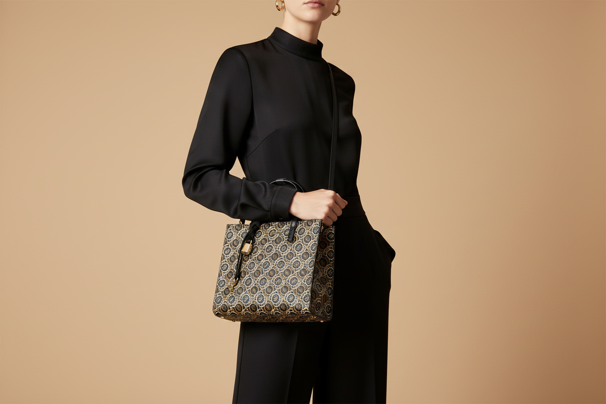 Marc Jacobs The Mini Grind Signet Printed Leather Crossbody Bag — held by model in studio