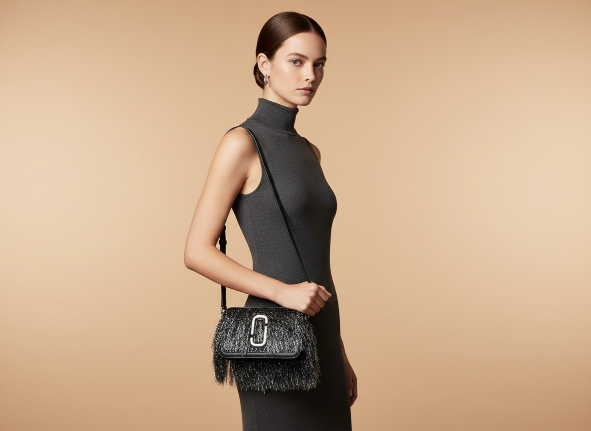 Marc Jacobs The Snapshot Creature Black Fur and Leather Crossbody Bag — held by model in studio