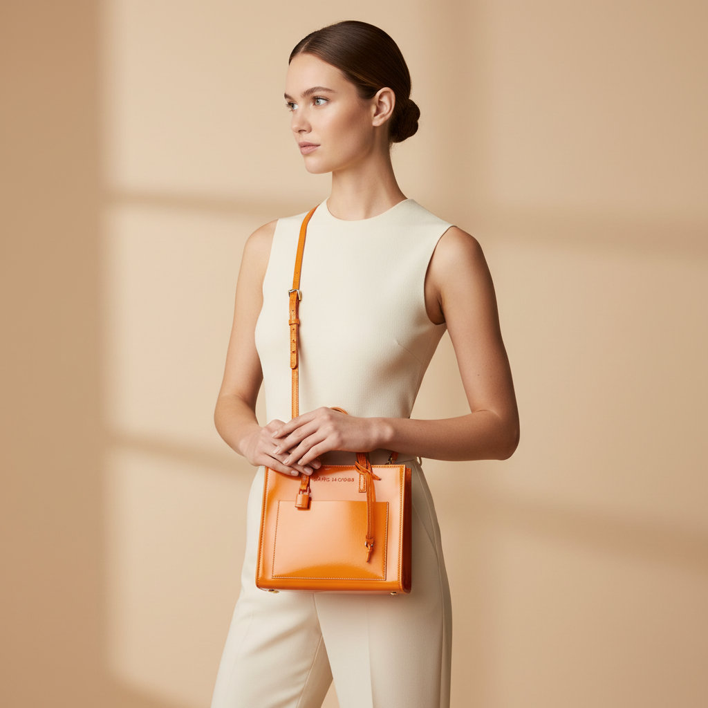 Marc Jacobs The Mini Grind Crossbody Scorched Patent Leather Crossbody Bag — held by model in studio