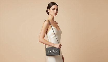 Marc Jacobs The Denim Chain Mini Bag Black Wash — held by model in studio