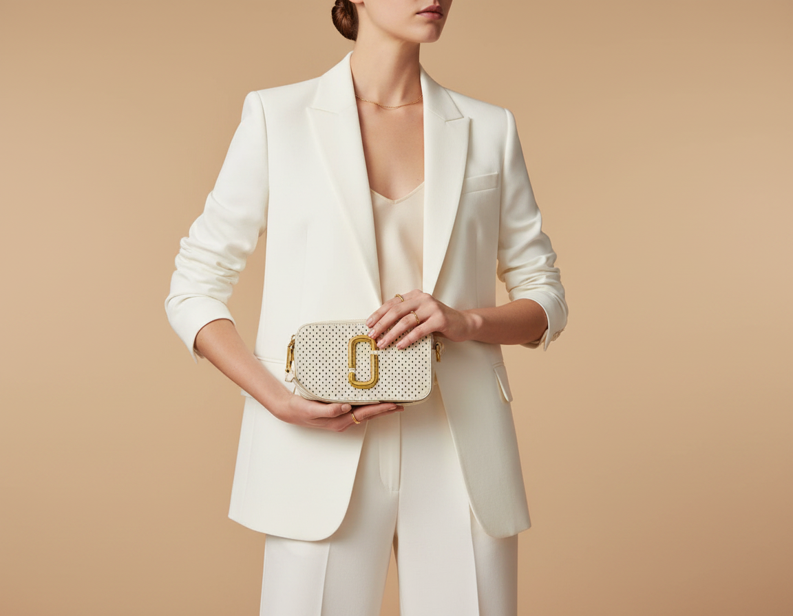 Marc Jacobs The Snapshot Perforated Leather Crossbody Bag — held by model in studio
