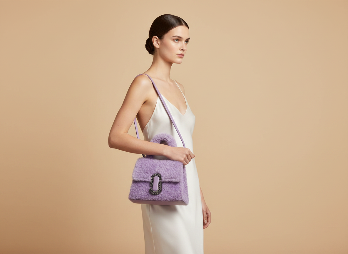 Marc Jacobs The St. Marc Mini Top Handle Lilac Faux Fur Satchel — held by model in studio