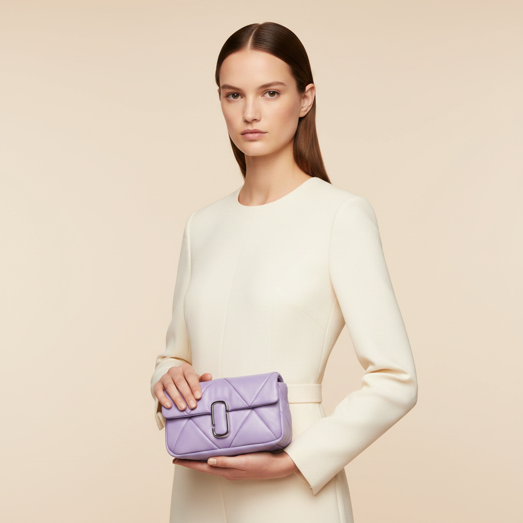 Marc Jacobs The J Marc Daybreak Diamond Quilted Leather Shoulder Bag — held by model in studio