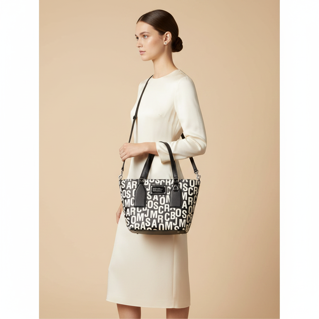 Marc Jacobs The Monogram Saffiano Leather Tote Crossbody Bag — held by model in studio