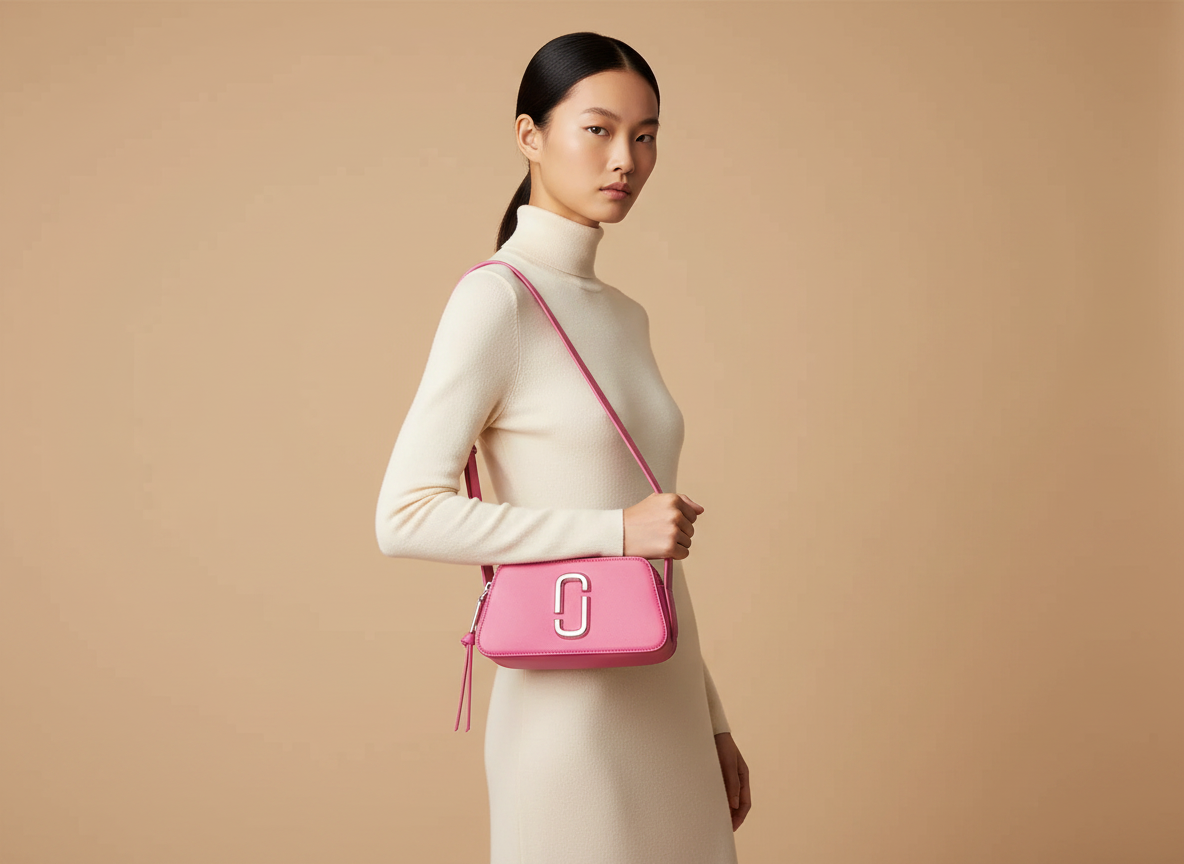 Marc Jacobs The Slingshot Pink Leather Shoulder Bag — held by model in studio