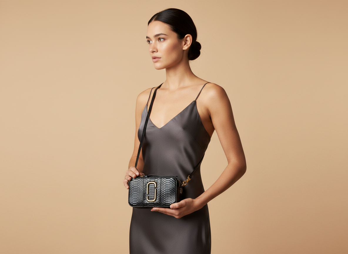 Marc Jacobs The Snapshot Snake Skin Leather Crossbody Bag — held by model in studio