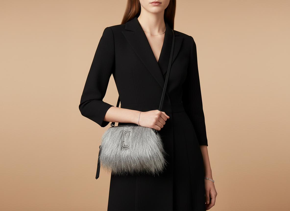 Marc Jacobs The Snapshot Creature Leather and Fur Crossbody Bag — held by model in studio