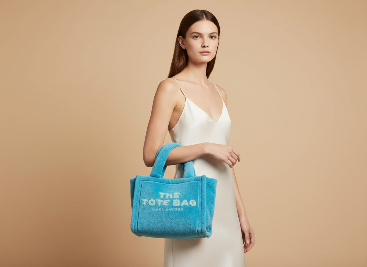 Marc Jacobs The Small Terry Tote Bag Pool Blue — held by model in studio