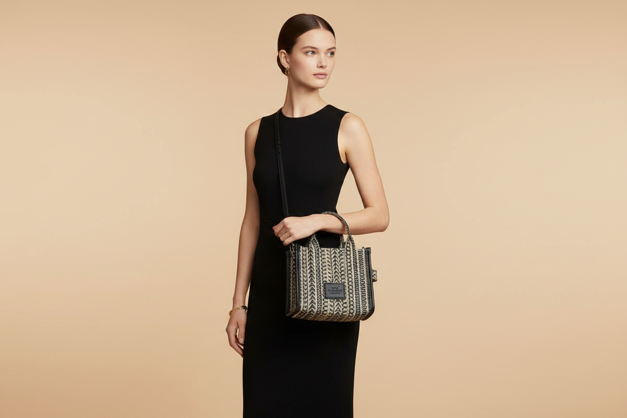 Marc Jacobs The Monogram Beige Mini Tote Woven Jacquard Canvas Crossbody Handbag — held by model in studio