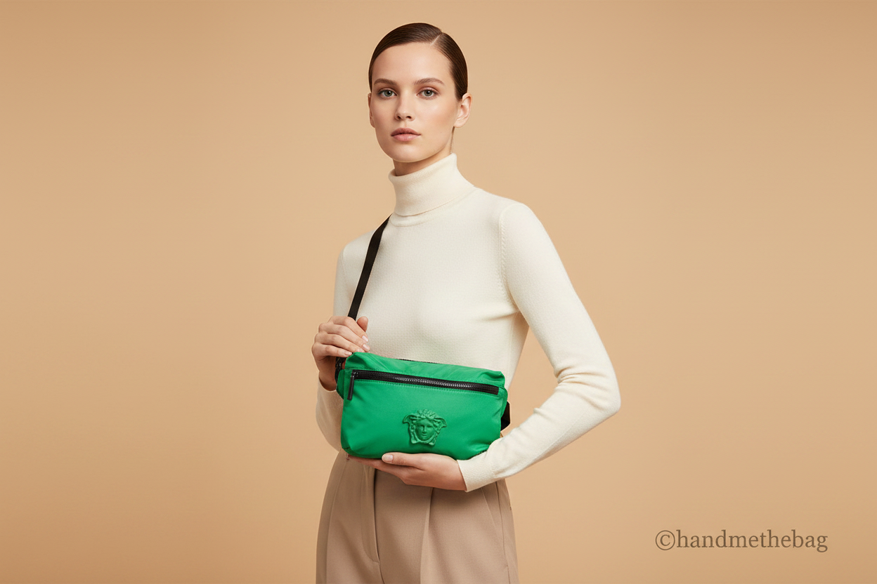 Versace Medusa Bright Green Nylon Belt Bag — held by model in studio