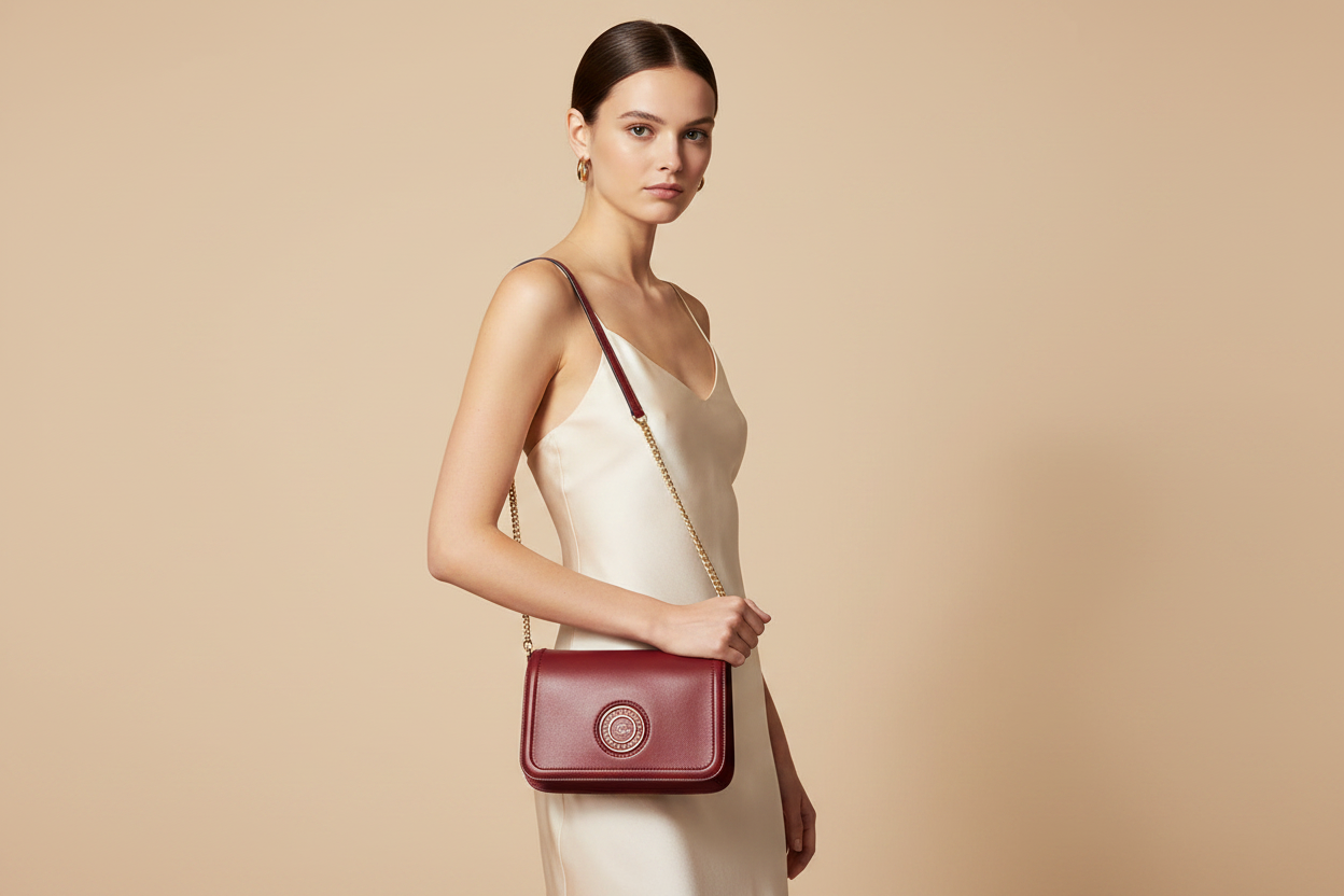 Marc Jacobs The Signet Syrah Leather Flap Crossbody Bag — held by model in studio