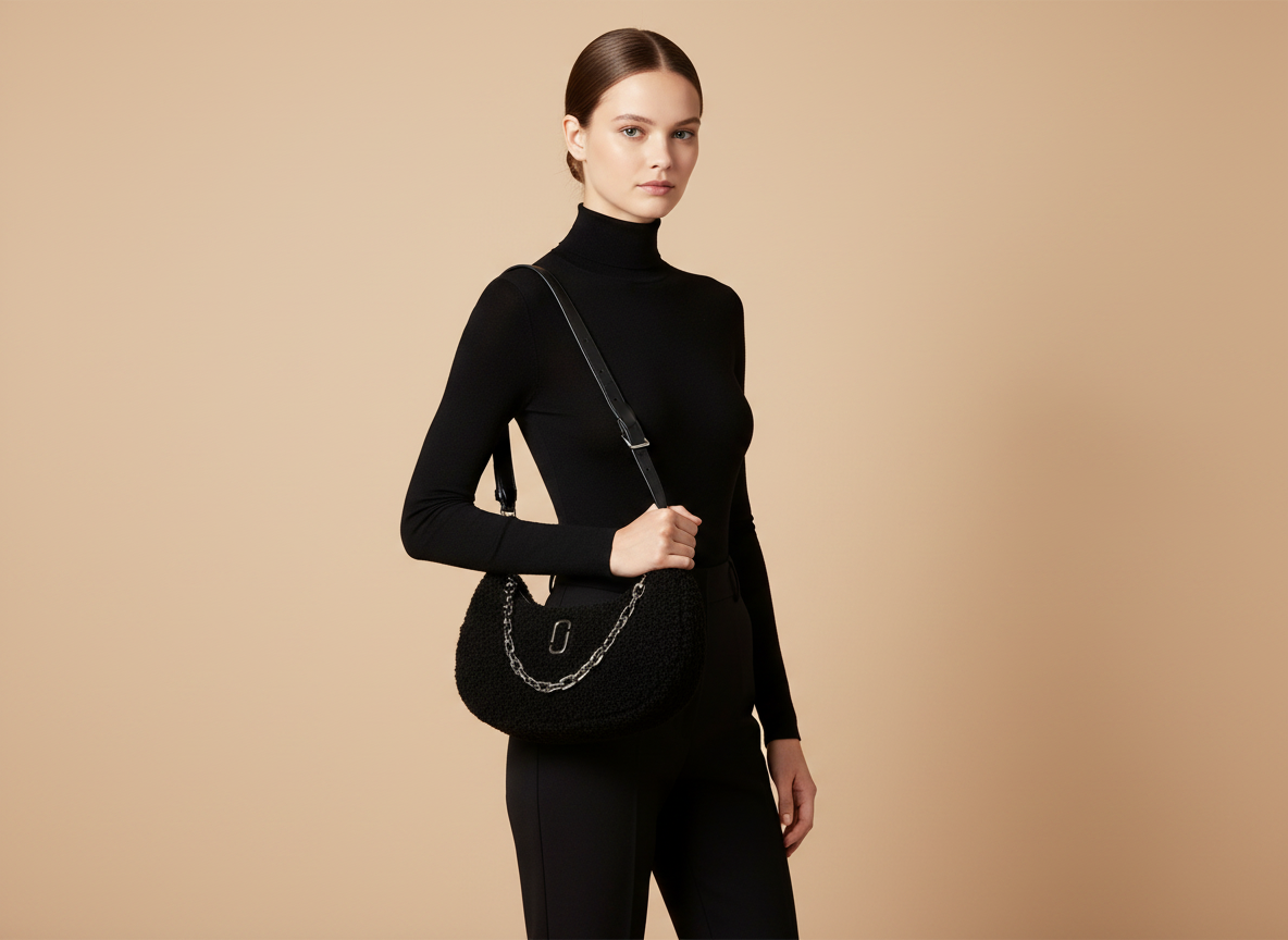 Marc Jacobs The Teddy Curve Bag Black Faux Shearling Shoulder Bag — held by model in studio