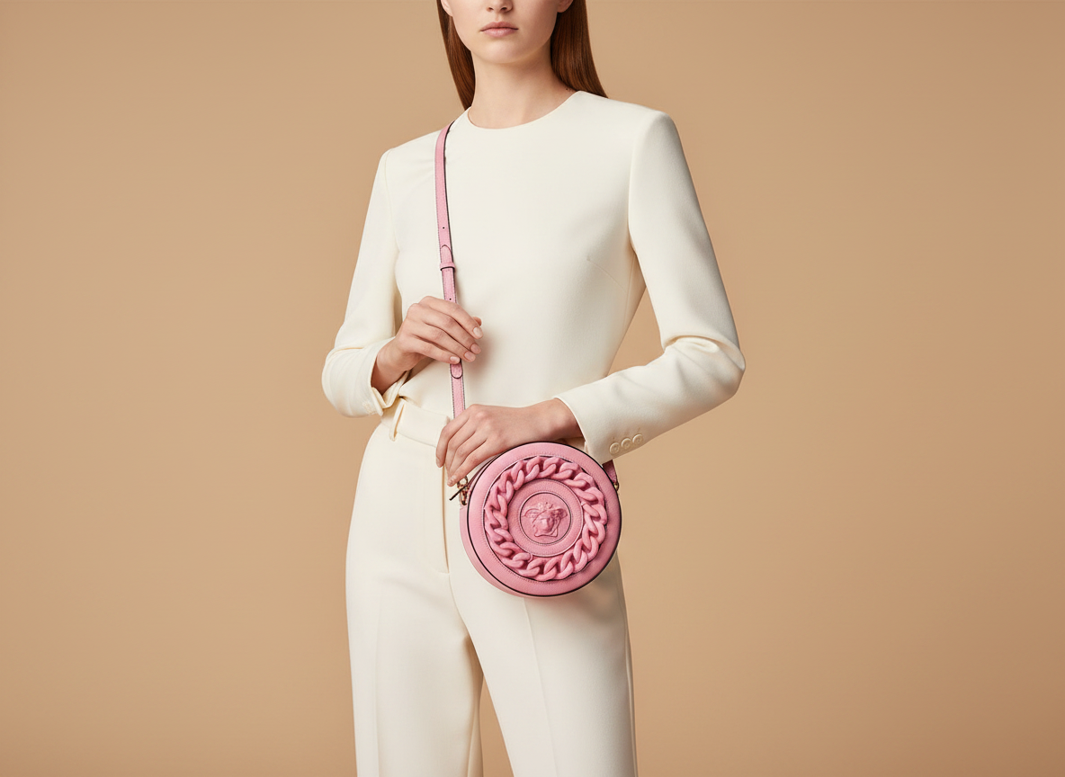 Versace Medusa Round Disco Pink Pebbled Leather Crossbody Bag — held by model in studio