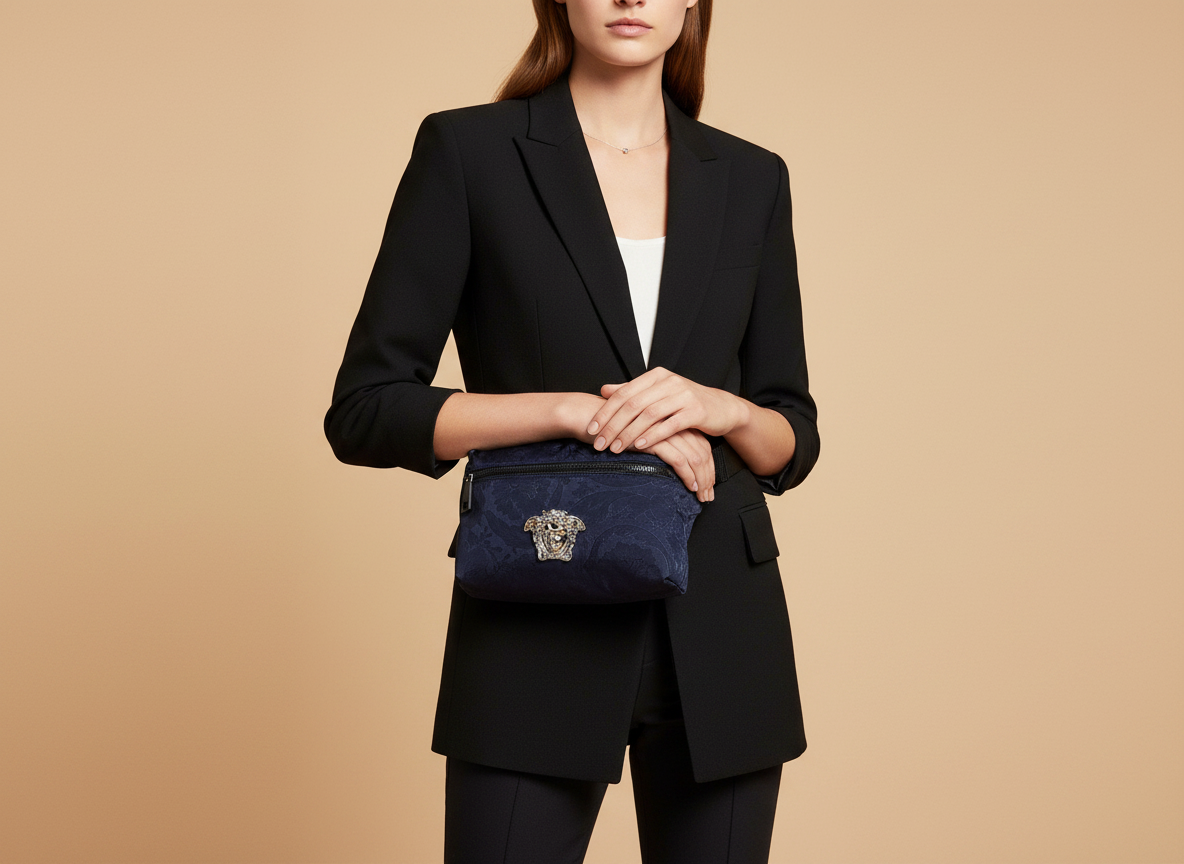 Versace Medusa Navy Nylon Belt Bag — held by model in studio