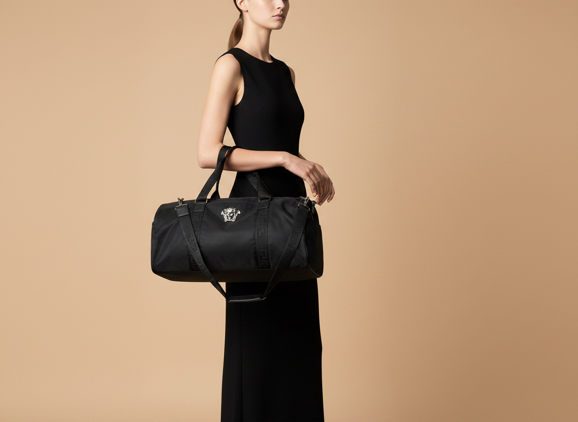 Versace Medusa Black Nylon Duffle Bag — held by model in studio